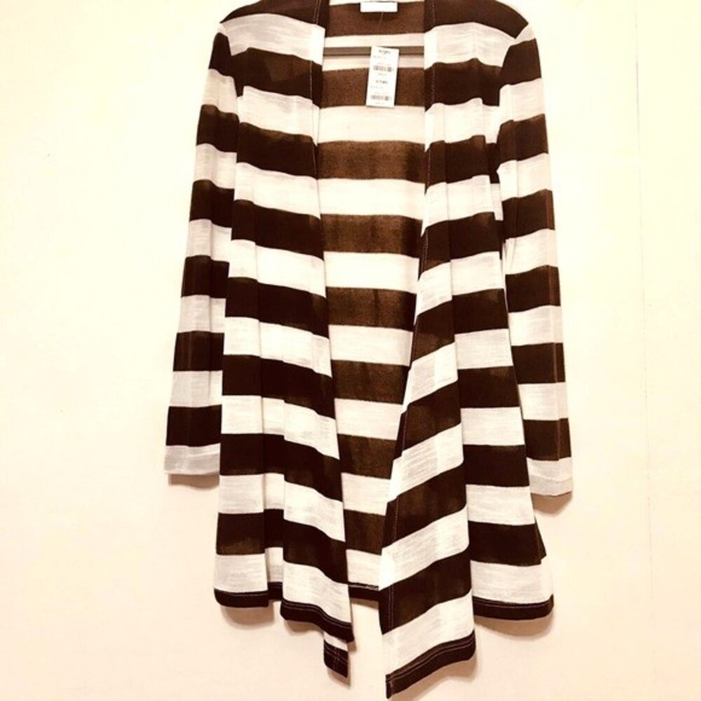 M Fredric Brown cardigan women duster Ivory striped long tunic sz M cottagecore